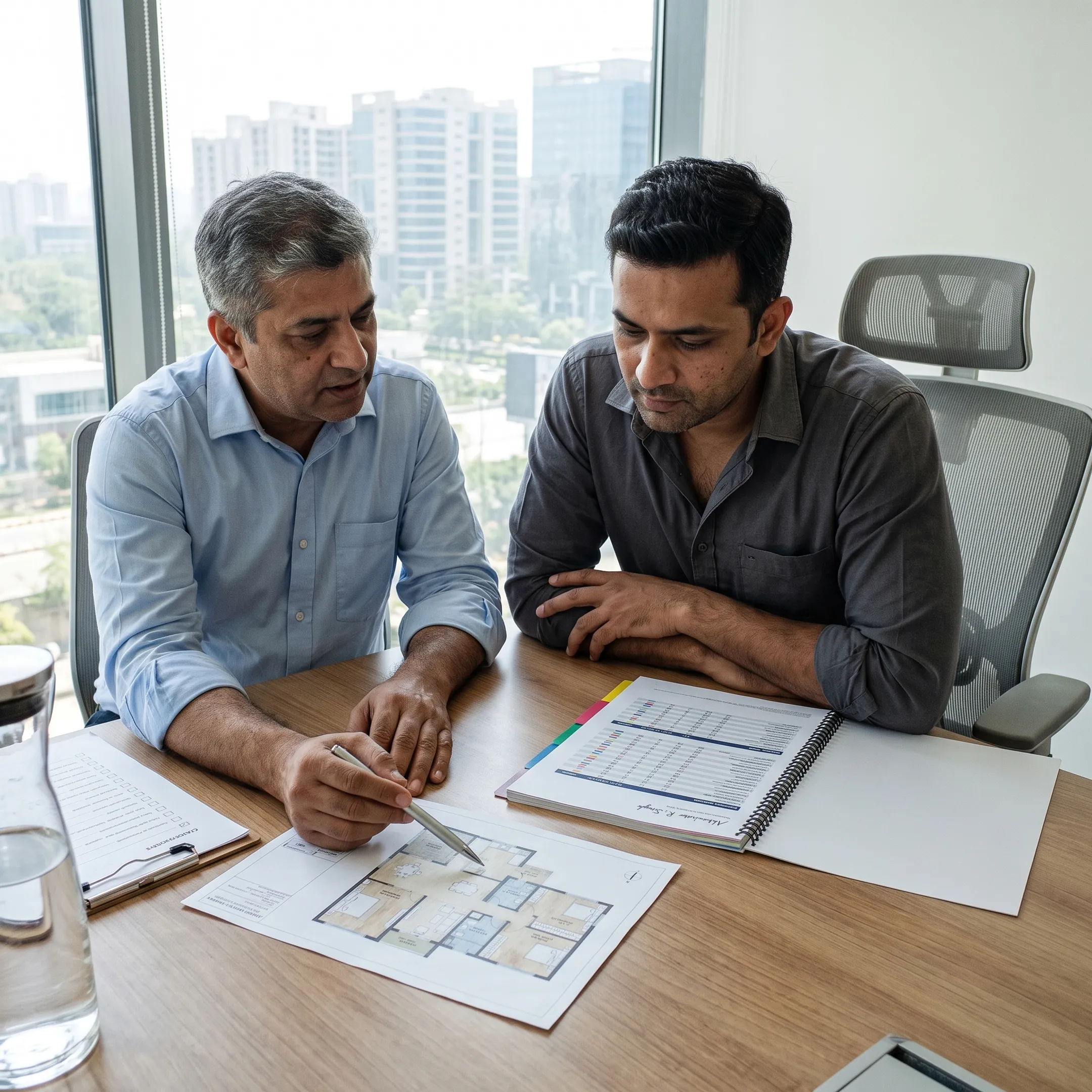 Buyer and consultant comparing property research documents