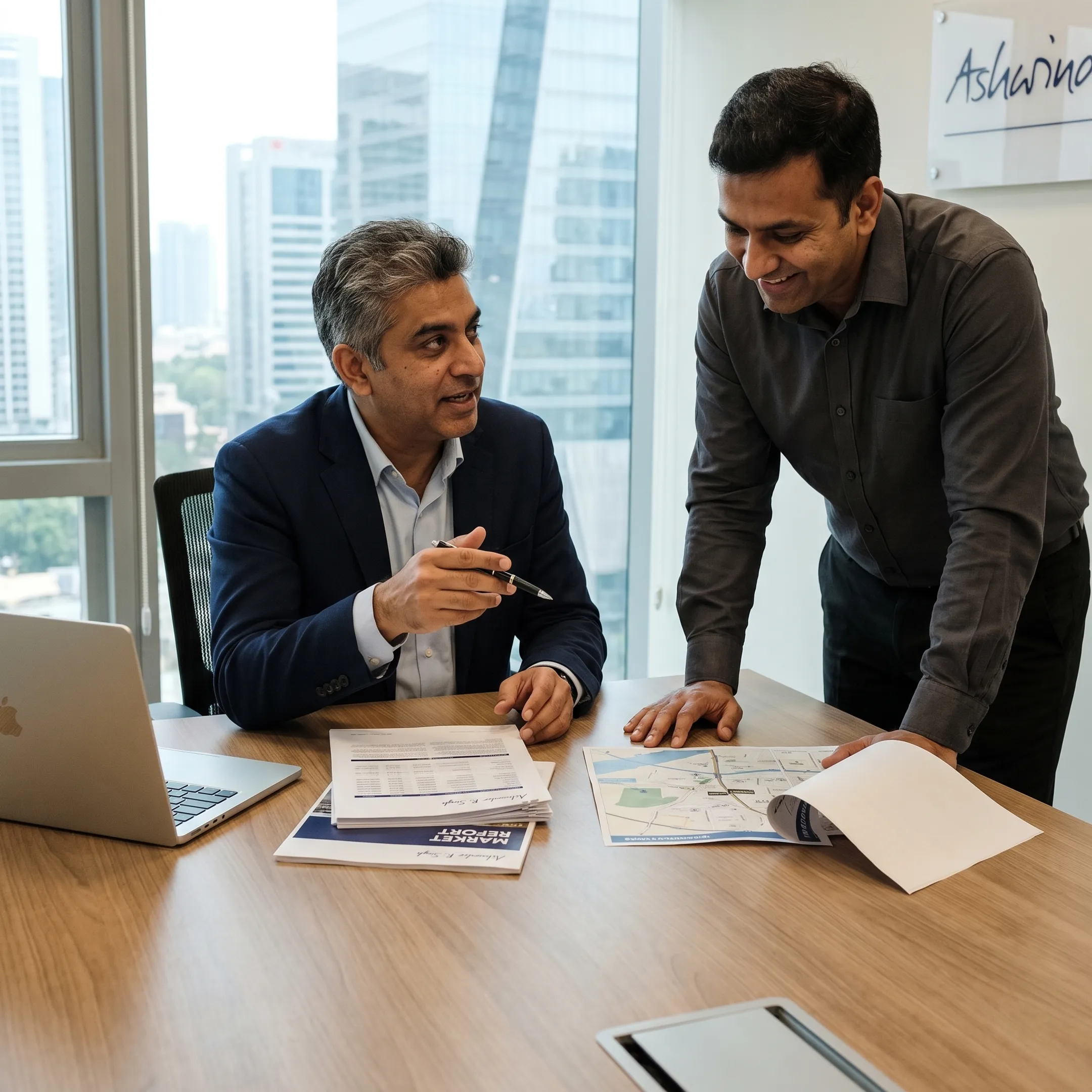 Consultant reviewing property documents with client