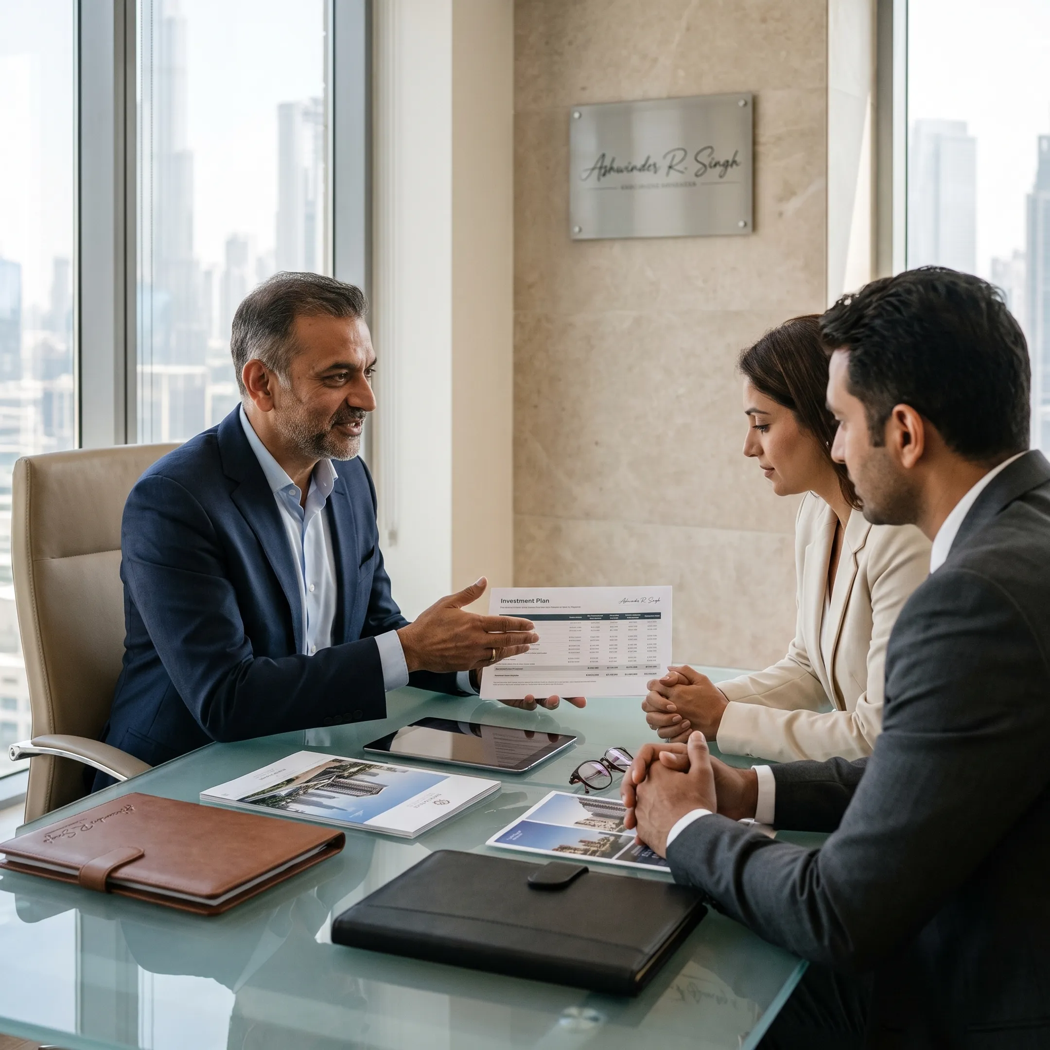 Advisor discussing Dubai property investment with clients
