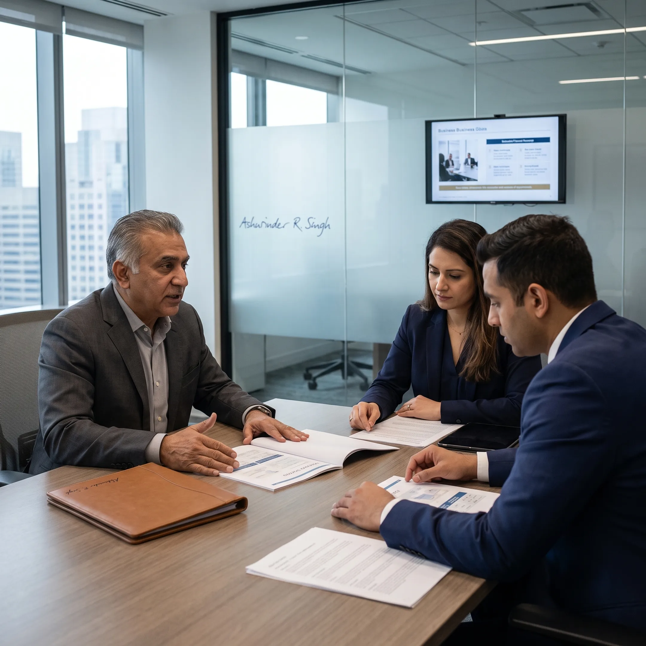 Executives discussing leadership consulting options in a boardroom