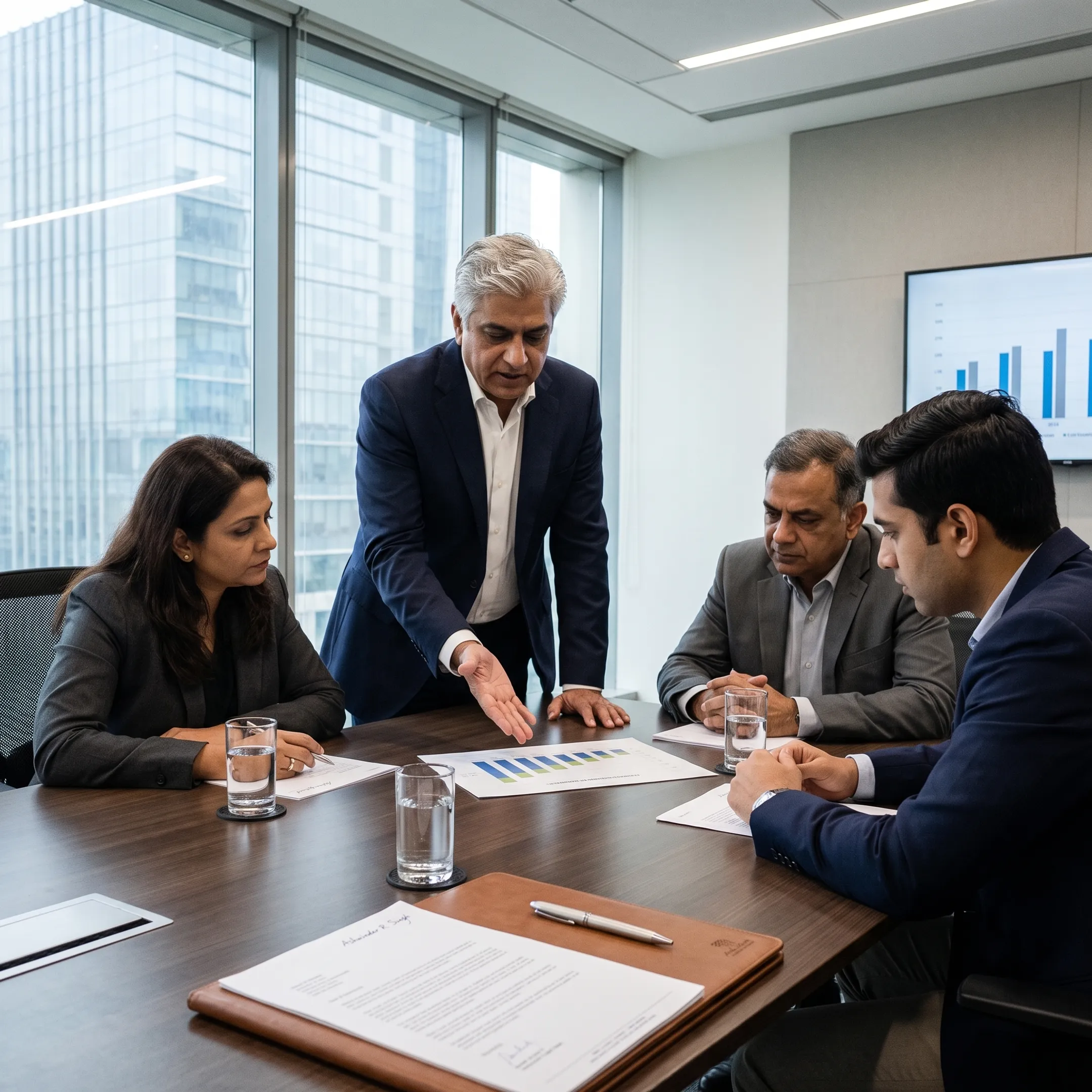 Advisor discussing business strategy with executives