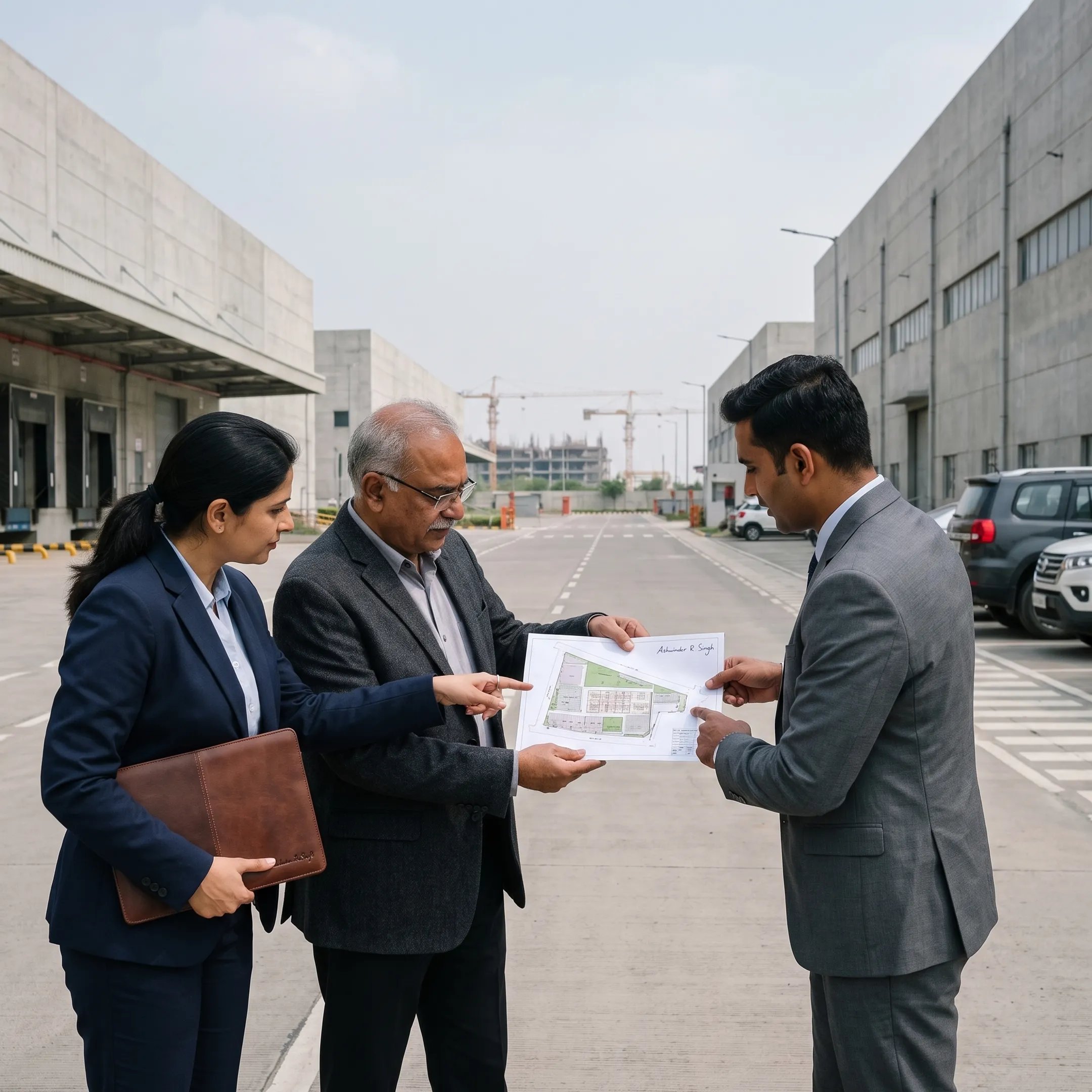 Industrial real estate consultant reviewing a logistics facility plan