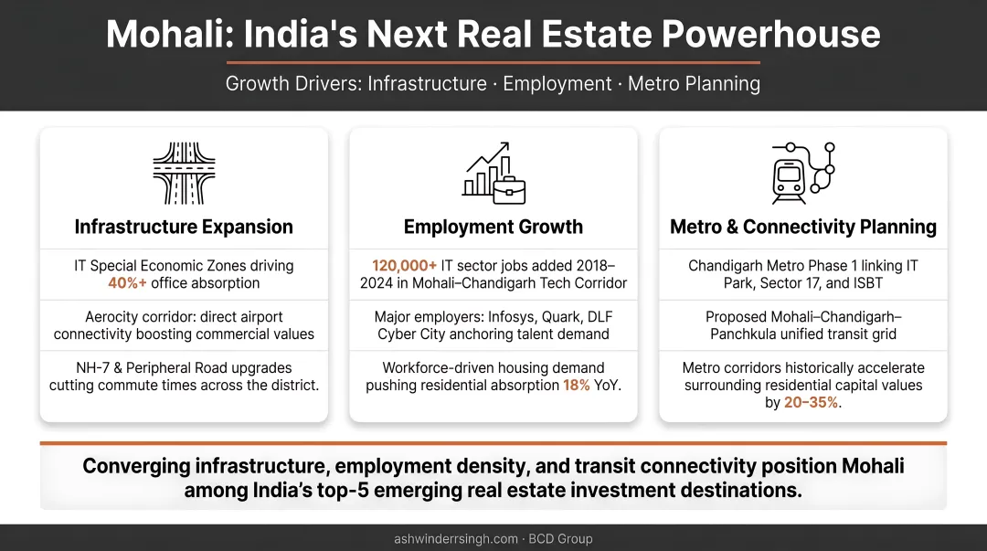 Mohali real estate growth drivers infrastructure employment and metro planning infographic