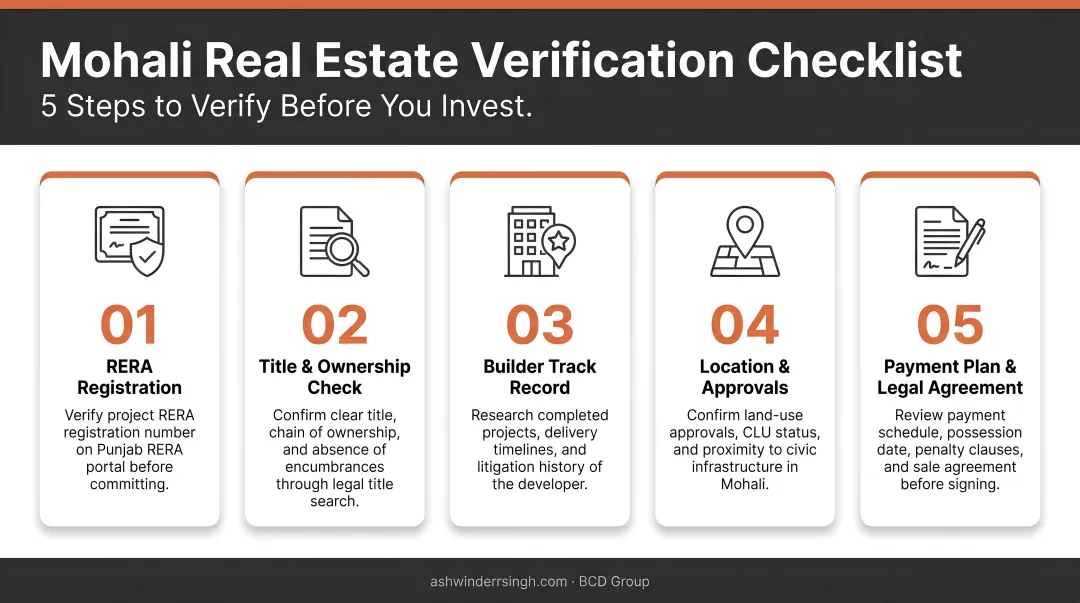 5-step Mohali real estate verification checklist before property investment infographic
