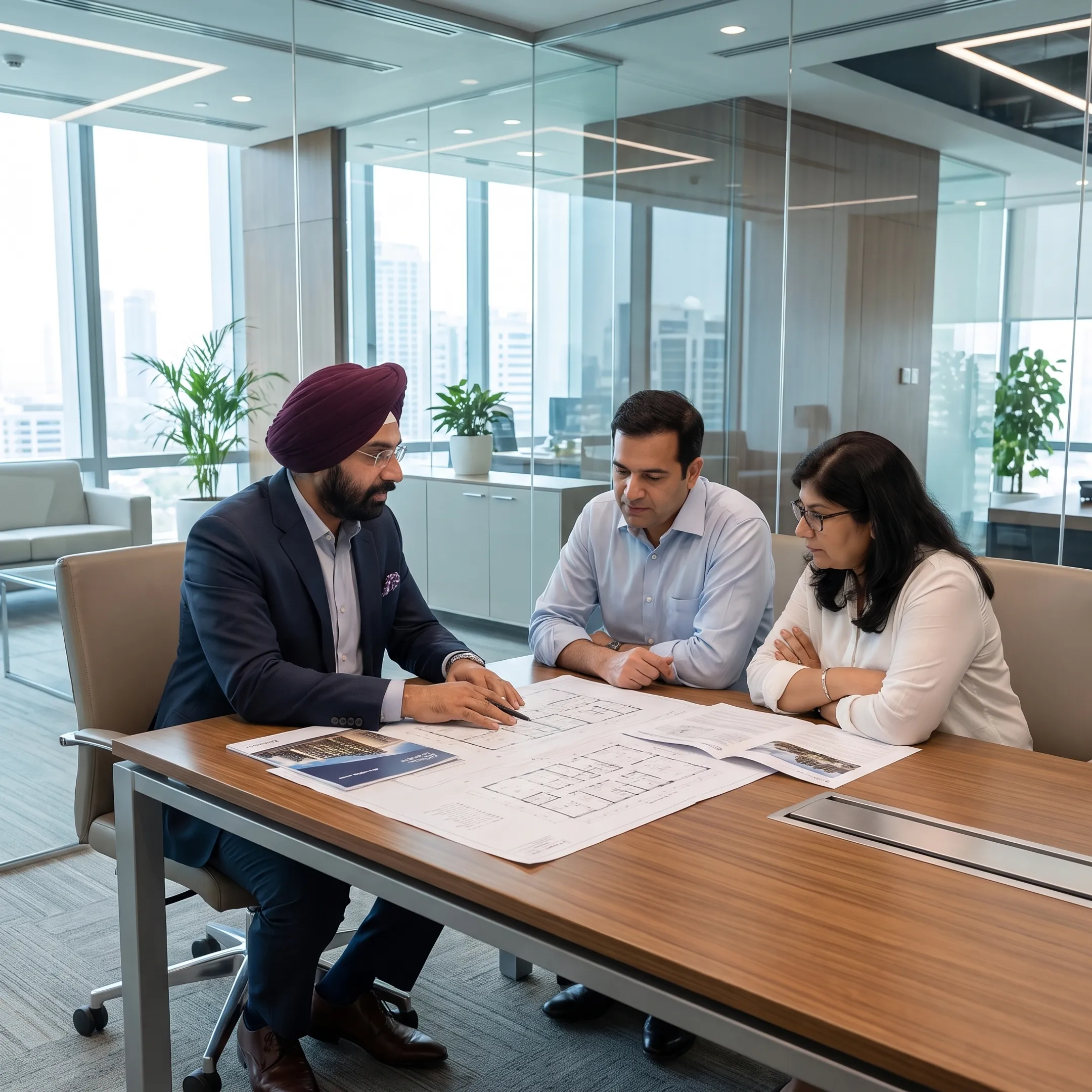 Real estate consultant reviewing property plans with clients