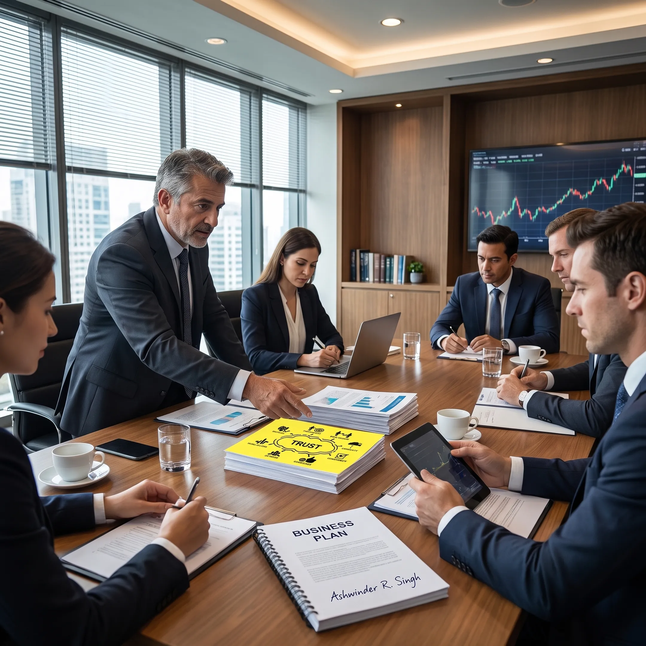 Advisor reviewing strategy with business leaders