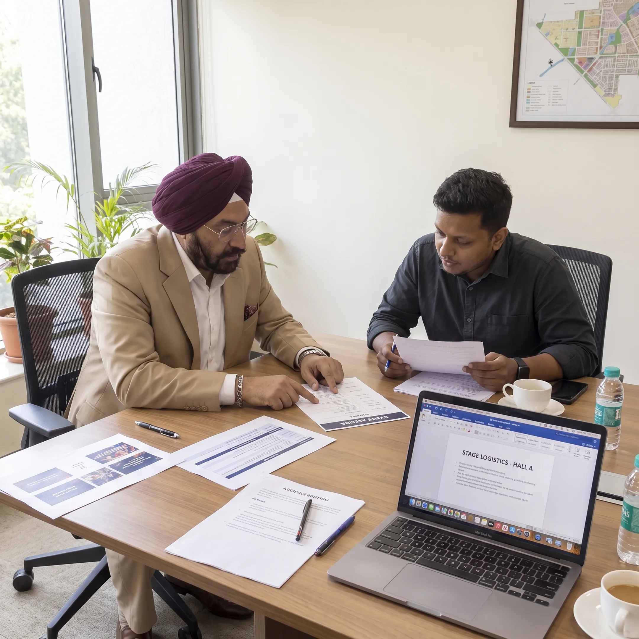 Event organiser reviewing keynote speaker plans