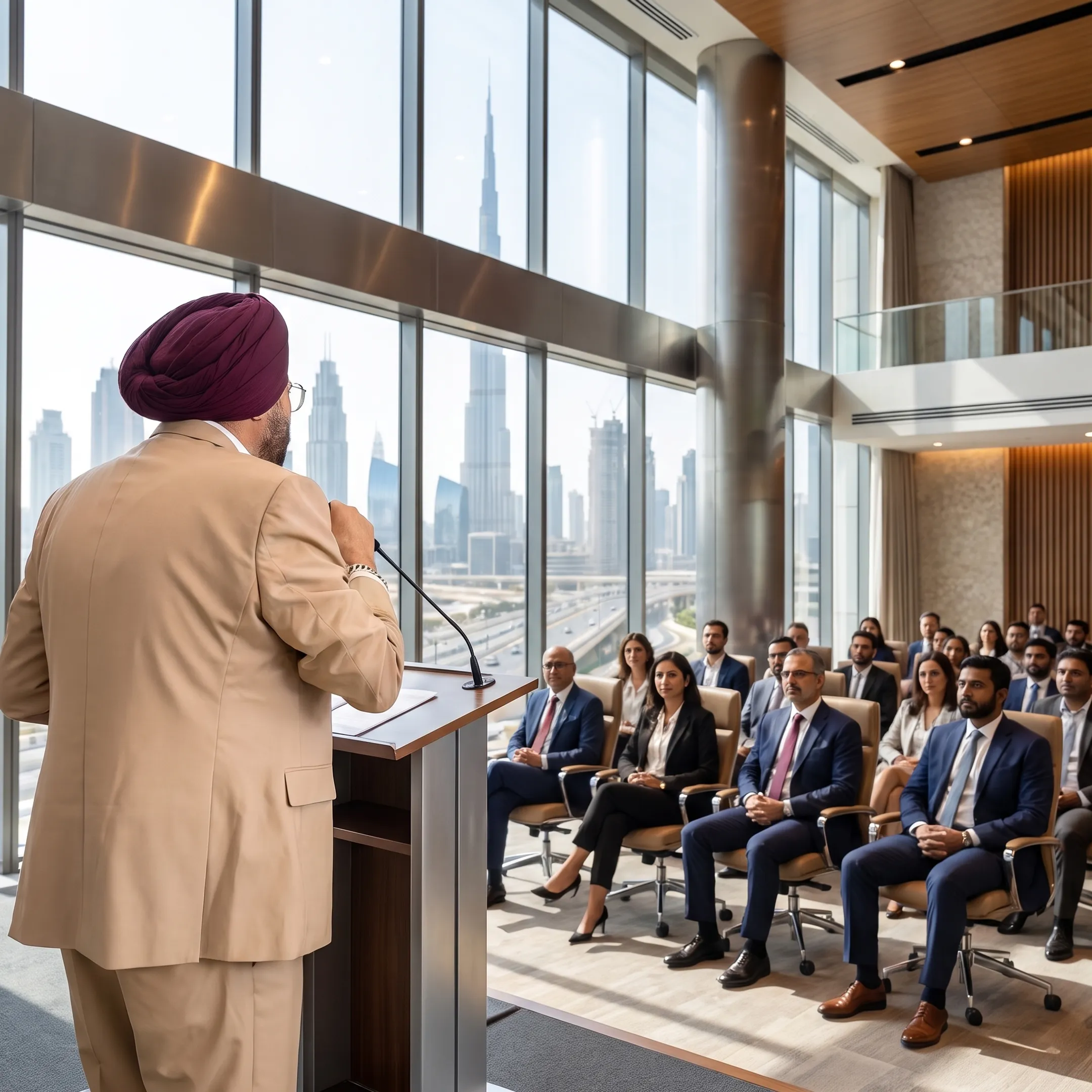 Keynote speaker addressing a business audience in Dubai
