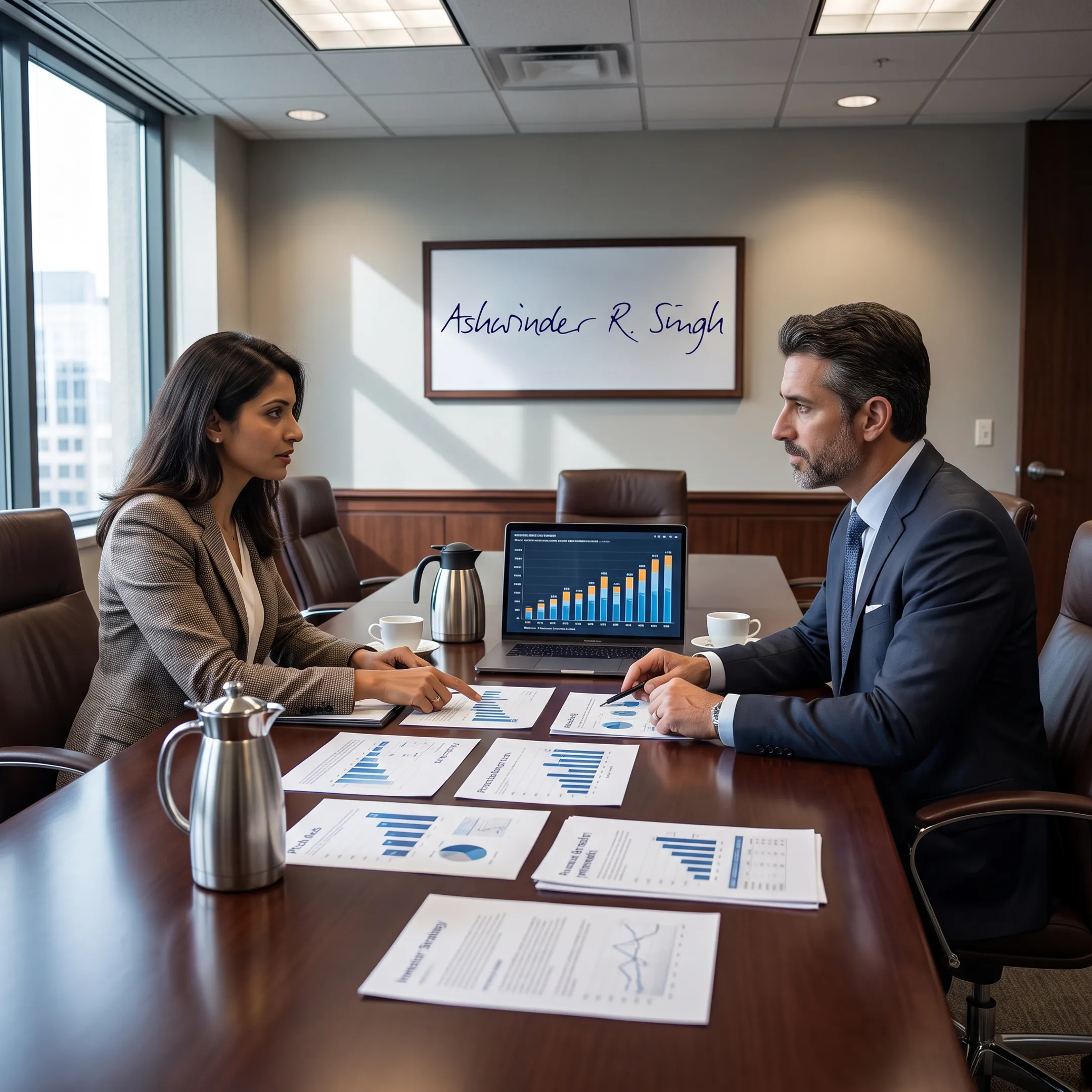 Founder and advisor reviewing a startup fundraising plan