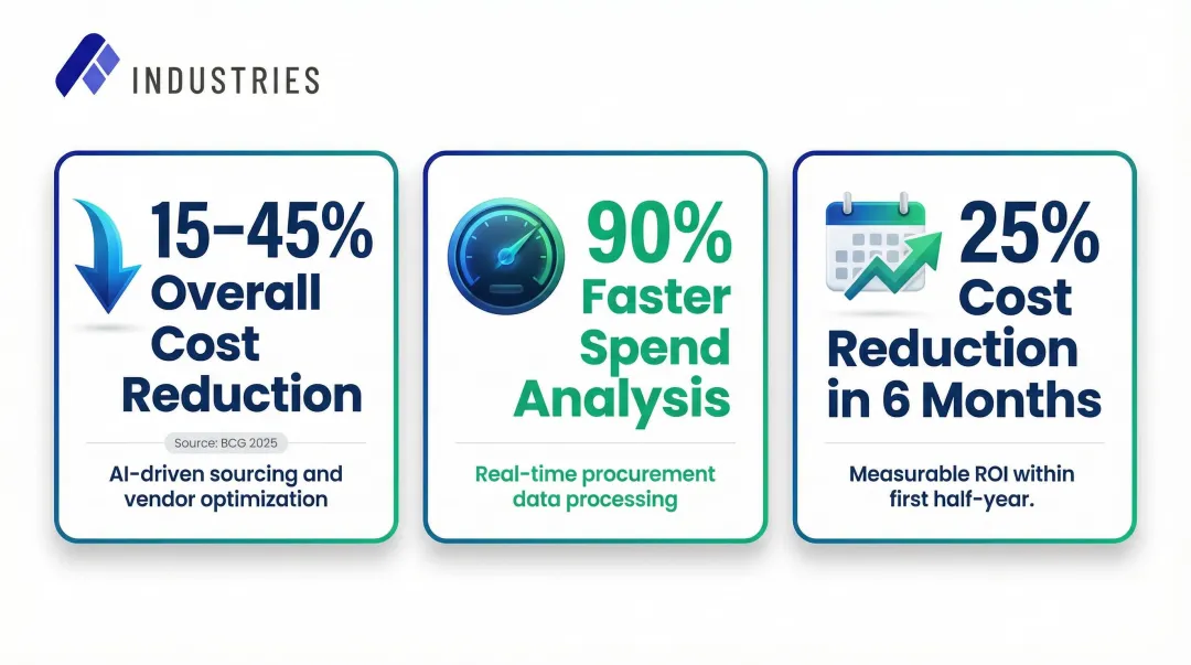 AI procurement cost savings statistics showing 15 to 45 percent reduction metrics