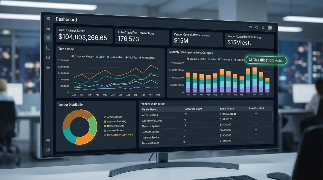 AI spend analytics dashboard classifying indirect procurement categories and vendor transactions