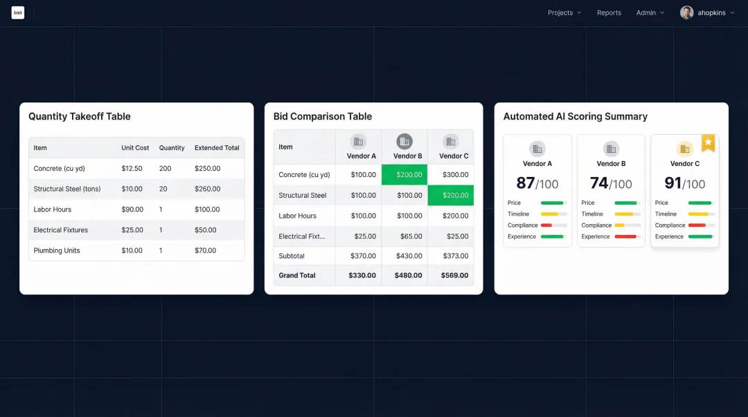 AI-powered construction bid evaluation software comparing vendor proposals side by side