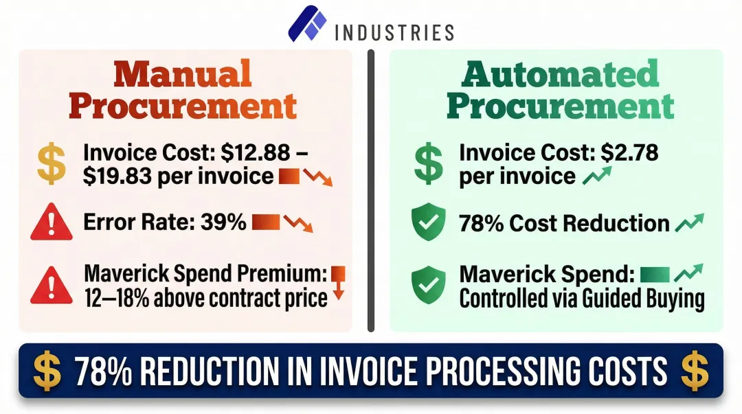 Manual versus automated invoice processing cost comparison and maverick spend impact infographic