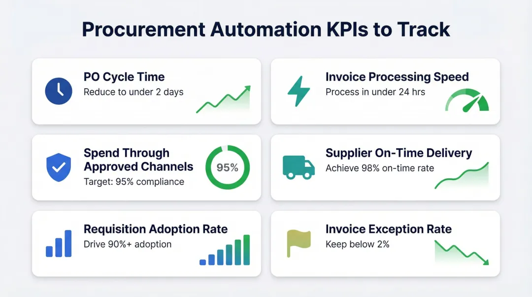 Six key procurement automation KPIs dashboard metrics tracking infographic