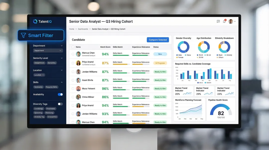 Enterprise talent intelligence dashboard displaying skills mapping and candidate ranking analytics