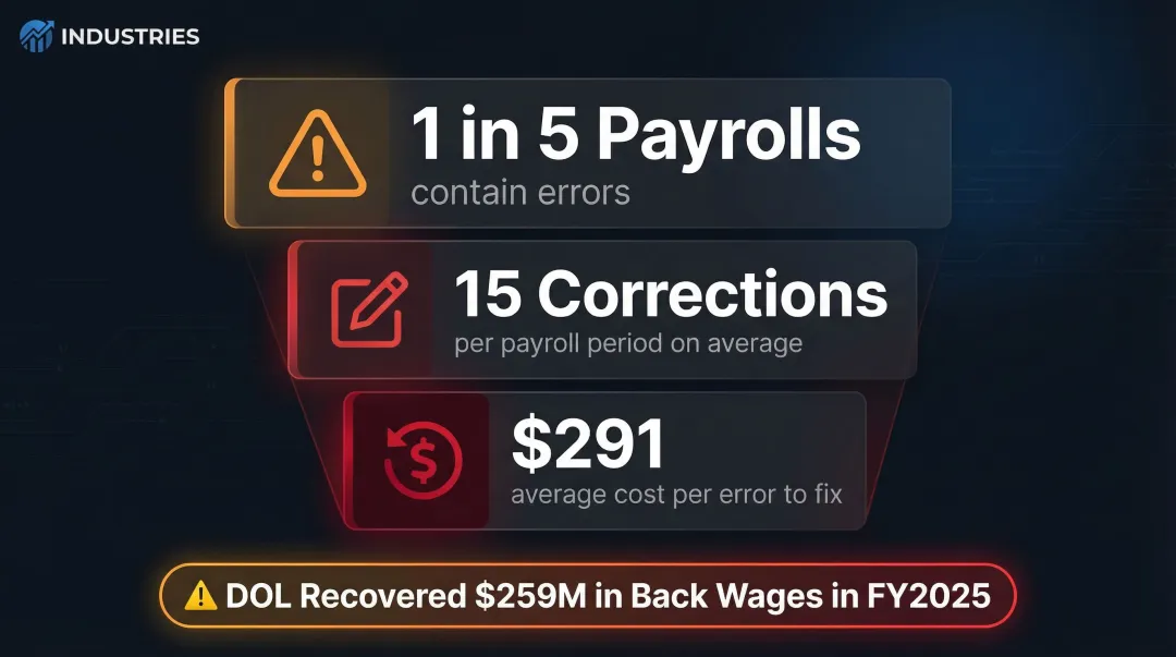 Payroll error statistics showing frequency cost per error and compliance penalty exposure