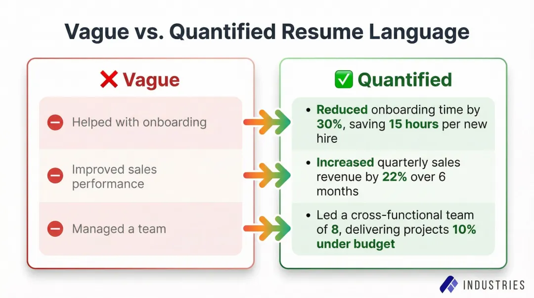 Before and after resume bullet point examples showing weak versus quantified achievement language
