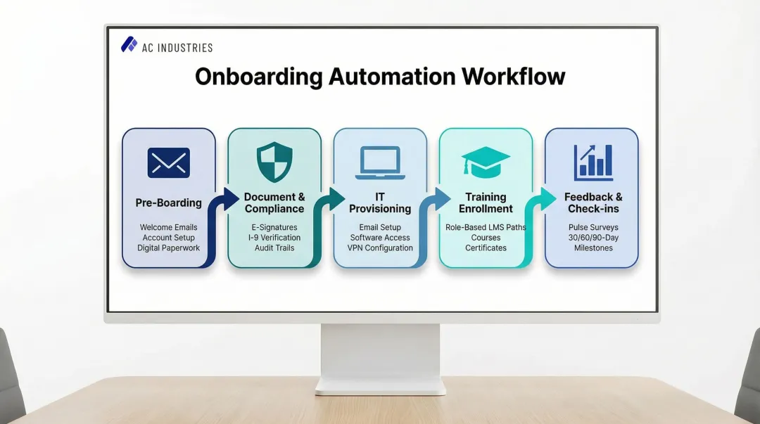 Employee onboarding automation workflow stages from pre-boarding to 90-day check-in