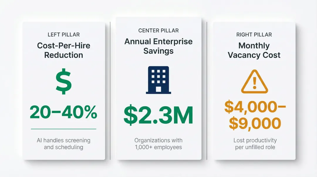 Three key AI recruitment cost reduction metrics for enterprise organizations infographic