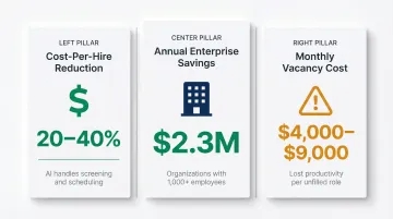 Three key AI recruitment cost reduction metrics for enterprise organizations infographic