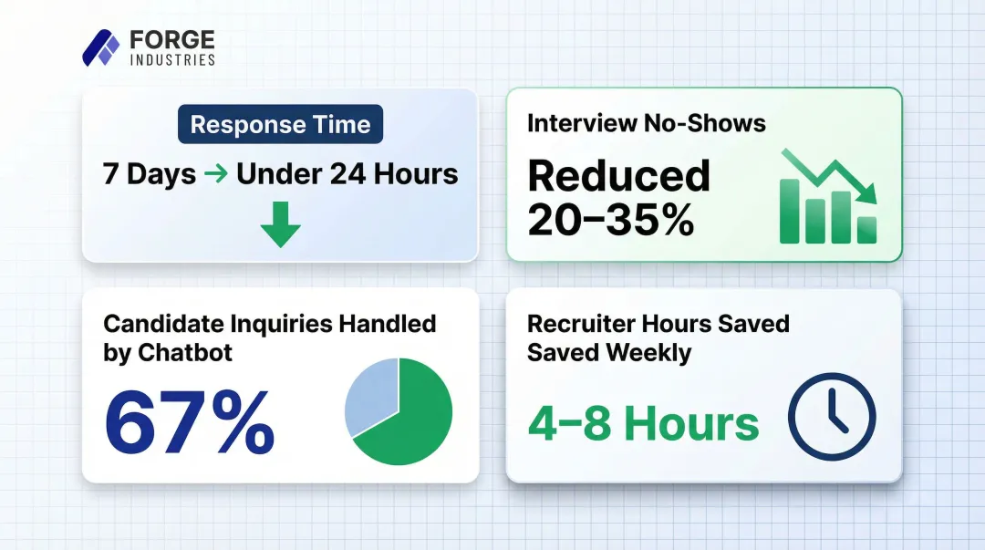 Automated candidate communication metrics showing response time and no-show rate improvements