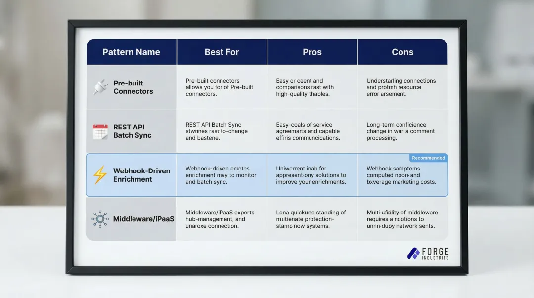 Four ATS integration pattern comparison chart showing pros cons and best use cases