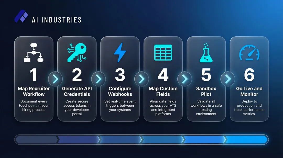Six-step ATS and AI recruiting tool integration process flow diagram