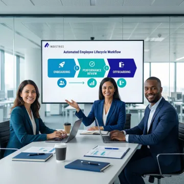 Team of HR professionals reviewing an automated employee management workflow on a shared screen