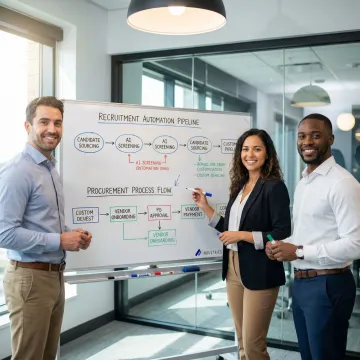 RPA implementation team collaborating on a staffing automation workflow diagram