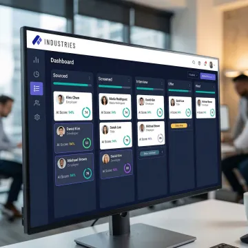 Step-by-step recruiting workflow displayed on a platform dashboard with AI candidate scoring and pipeline stages