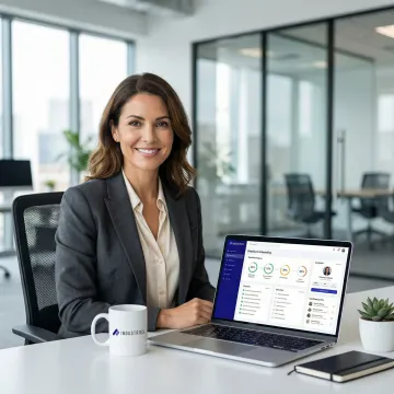 HR professional using an AI-powered onboarding automation dashboard on a laptop