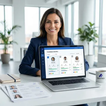 Recruiter reviewing AI-generated candidate shortlist on a laptop during a staffing workflow
