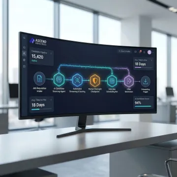 Staffing automation workflow showing AI agent pipeline from candidate sourcing to onboarding completion
