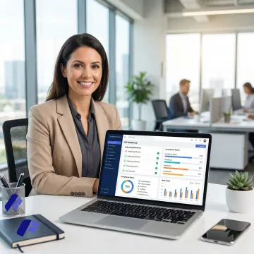 HR professional using AI-powered workflow software on a laptop to manage employee onboarding and compliance tasks