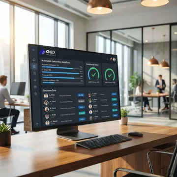 AI-powered HR automation dashboard showing employee onboarding and compliance tracking