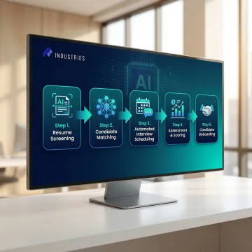 Recruiting automation workflow showing AI screening, scheduling, and onboarding steps
