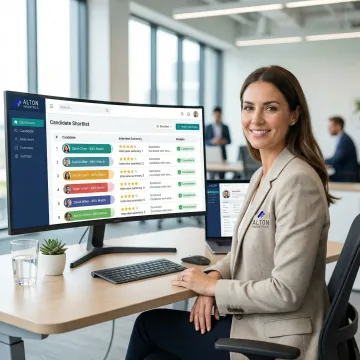 Recruiter reviewing AI-generated candidate shortlist with ranked match scores on a laptop
