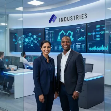 Enterprise team reviewing automated workflow dashboards on multiple screens in a modern office