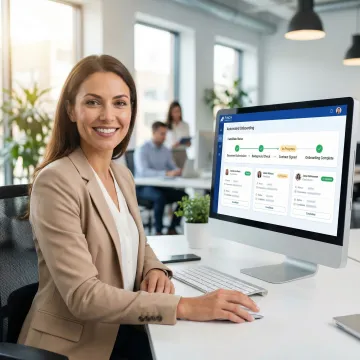 Recruiter reviewing an automated employee management workflow dashboard showing onboarding completion steps