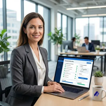 Staffing agency professional managing digital employee onboarding documents on a modern dashboard