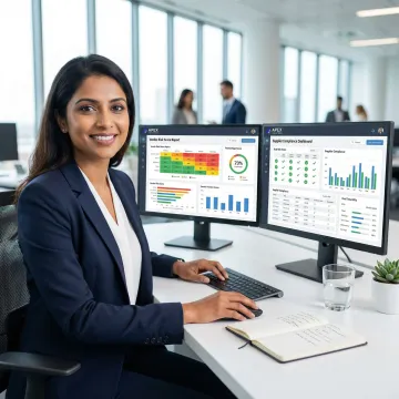 Procurement specialist reviewing AI-generated vendor risk report and supplier compliance dashboard