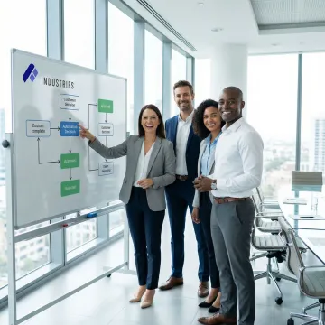 Team of HR and automation specialists reviewing a workflow implementation roadmap on a whiteboard