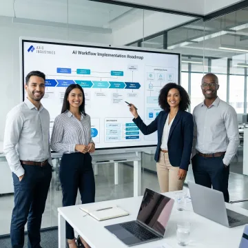 Assembly Industries implementation team configuring AI workflow automation steps on a large screen