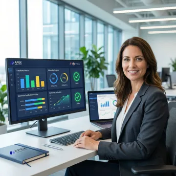 HR professional reviewing automated quality assurance dashboard on a computer screen in a modern office