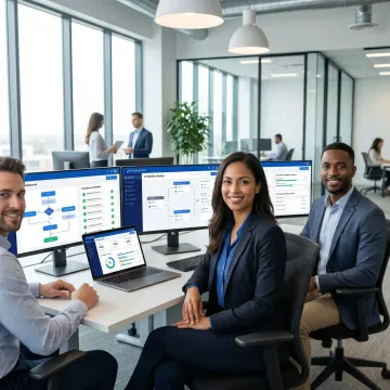 Implementation team configuring an automated HR quality assurance workflow on multiple screens