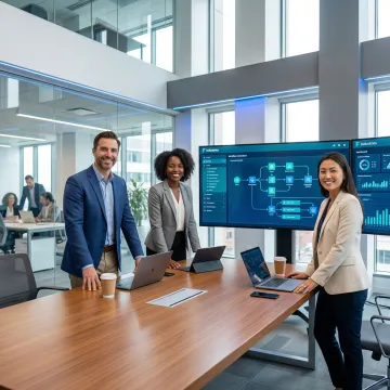 Enterprise team reviewing AI-powered workflow dashboards to streamline business operations and decision-making