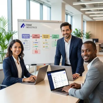 Recruitment operations team reviewing automated candidate screening workflow steps on a whiteboard