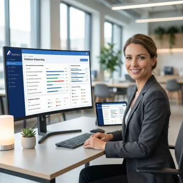 HR professional reviewing automated onboarding workflow on a digital dashboard