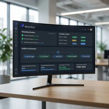 AI automation platform interface showing HR workflow orchestration and compliance dashboard