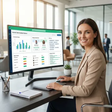 HR professional reviewing an internal talent mobility dashboard on a laptop in a modern enterprise office